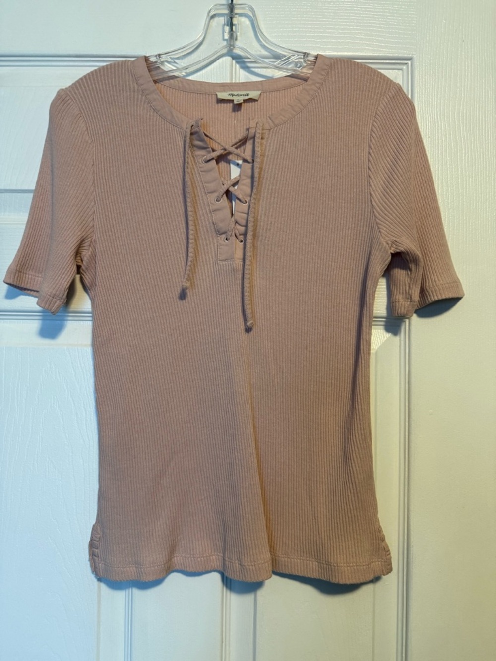 Madewell NWT Ribbed Lace-Up Short Sleeve Top - Blush Size Medium